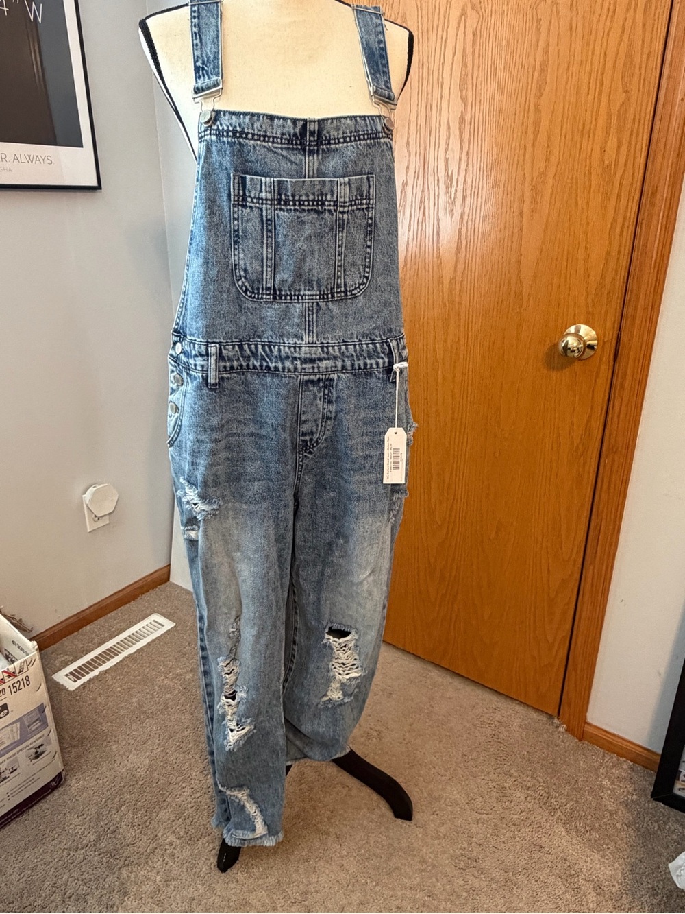 Women's Light Blue Distressed Denim Overalls with Adjustable Straps